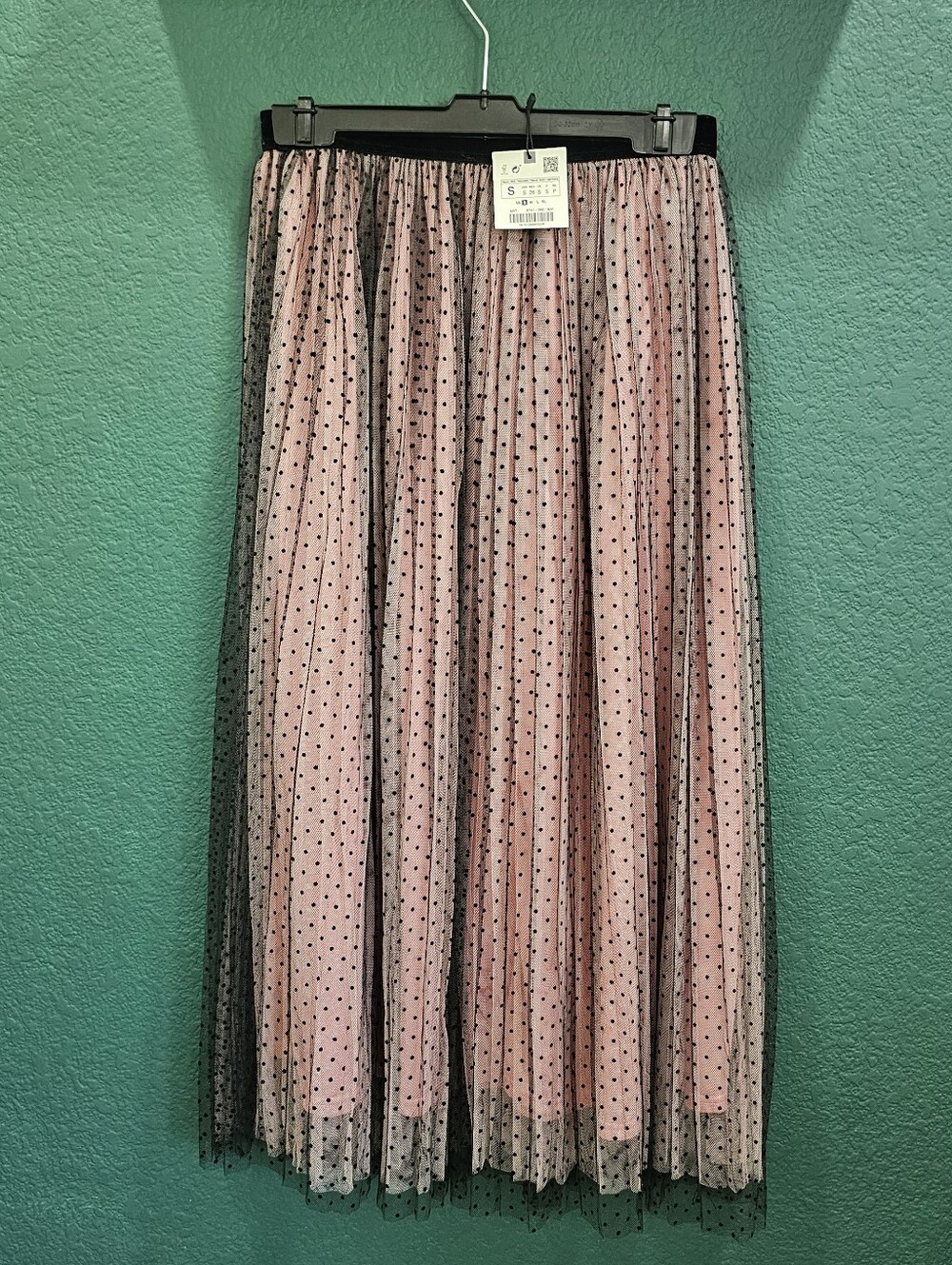 Zara Pink & Black Polka Dot Lace Pleated Midi Skirt Small Velvet Elastic Waist